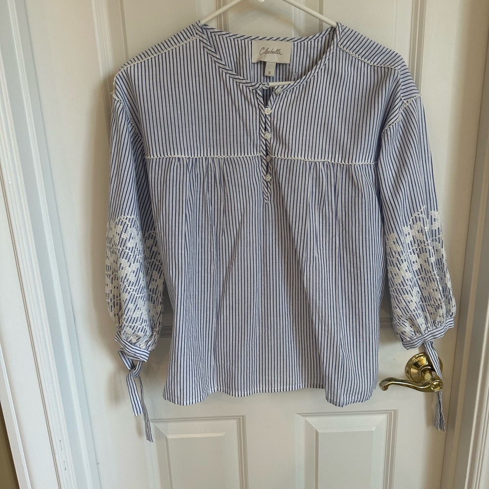 Cleobella Blue and White Embroidered Blouse with 3/4 Sleeves